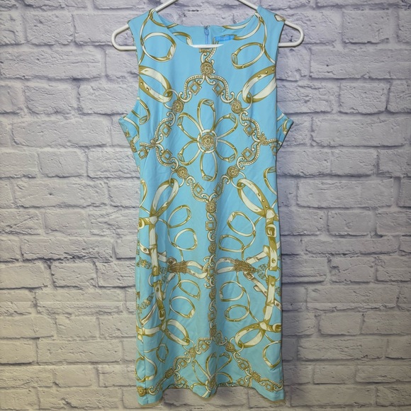 J. McLaughlin Catalina Cloth Dress Rope Blue Gold Medium Sleeveless Tropical - Picture 1 of 13
